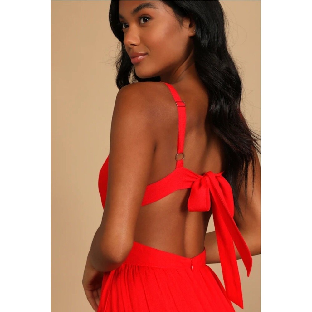 NEW Lulus Bold New Look Red Tie Back Midi Skater Dress MED Pockets Lined Empire - Picture 3 of 13